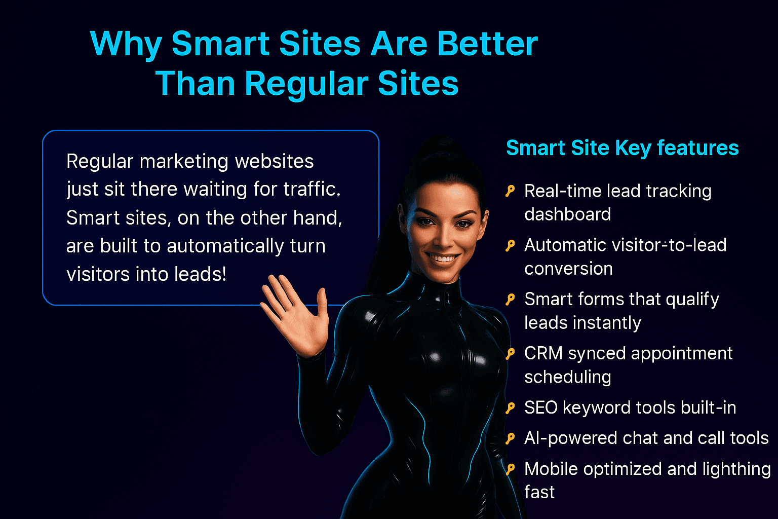 Why Smart Sites Are Better Than Regular Sites - Nova explains key features including real-time lead tracking, automatic visitor-to-lead conversion, smart forms, CRM synced scheduling, SEO tools, AI-powered chat, and mobile optimization